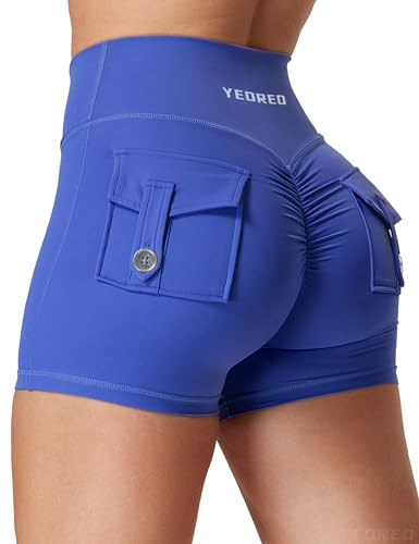 YEOREO Scrunch Workout Shorts with Pockets Charm Gym Biker Shorts for Women High Waisted Yoga Booty Shorts Blue M