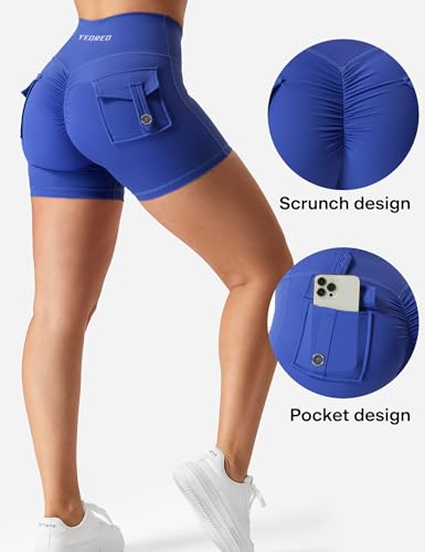 YEOREO Scrunch Workout Shorts with Pockets Charm Gym Biker Shorts for Women High Waisted Yoga Booty Shorts Blue M