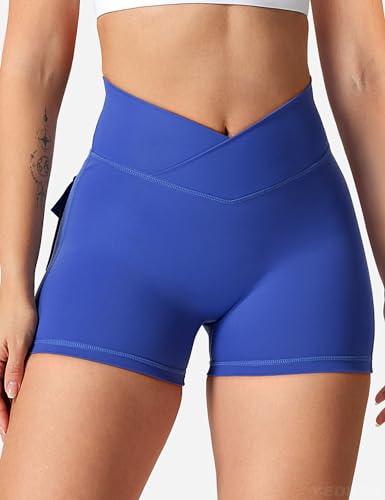 YEOREO Scrunch Workout Shorts with Pockets Charm Gym Biker Shorts for Women High Waisted Yoga Booty Shorts Blue M