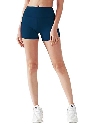 CADMUS Women's High Waist Yoga Shorts Spandex Running Side Pockets, 16#, Navy & Grey & Black,Small