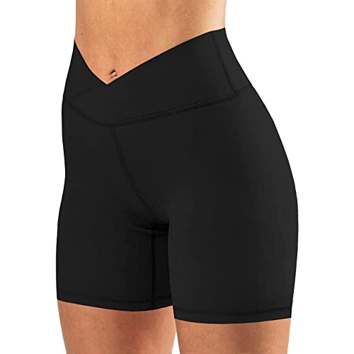 keriffe Womens Crossover Biker Shorts 5" High Waisted Yoga Workout Athletic Running Spandex Shorts Black