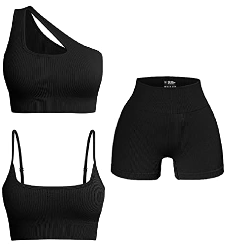 OQQ Women's 3 Piece Outfits Ribbed Seamless Exercise Scoop Neck Sports Bra One Shoulder Tops High Waist Shorts Active Set Black1