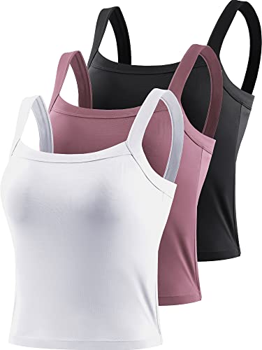 CADMUS 3 Pack Yoga Tank Tops with Sport Bra Crop Top for Running, Black/Pink/White, XX-Large