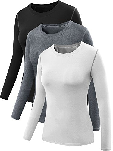 NELEUS Women's 3 Pack Dry Fit Athletic Compression Long Sleeve T Shirt,Black,Grey,White,Small