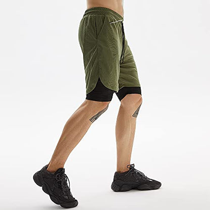 JWJ Men's 2 in 1 Workout Running Shorts 7 Inch Lightweight Athletic Gym Shorts with Compression Liner Army Green M