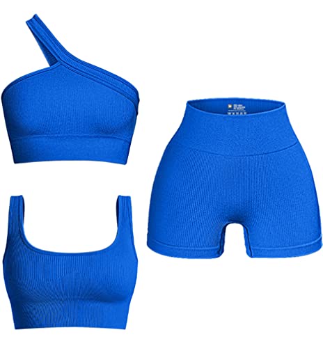 OQQ Women's 3 Piece Outfits Ribbed Seamless Exercise Scoop Neck Sports Bra One Shoulder Tops High Waist Shorts Active Set Blue