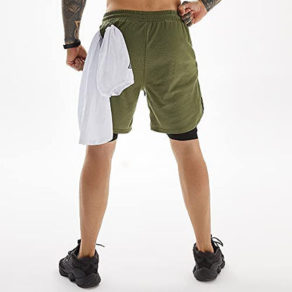 JWJ Men's 2 in 1 Workout Running Shorts 7 Inch Lightweight Athletic Gym Shorts with Compression Liner Army Green M