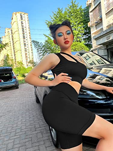 OQQ Women's 3 Piece Outfits Ribbed Seamless Exercise Scoop Neck Sports Bra One Shoulder Tops High Waist Shorts Active Set Black1