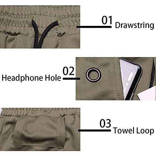 JWJ Men's 2 in 1 Workout Running Shorts 7 Inch Lightweight Athletic Gym Shorts with Compression Liner Army Green M