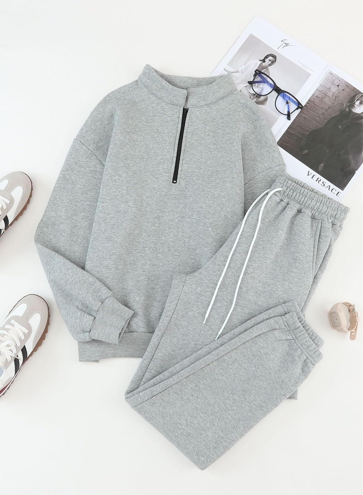 Aleumdr 2 Piece Sweatsuit Outfits for Women Jogging Sets Casual Long Sleeve Half Zip Pullover Drawstring Jogger Lounge Tracksuit Gray Medium